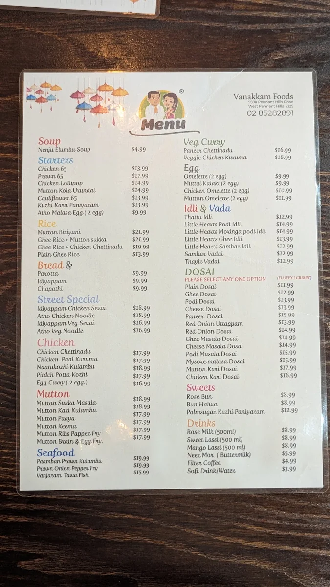 Menu, Vanakkam Foods