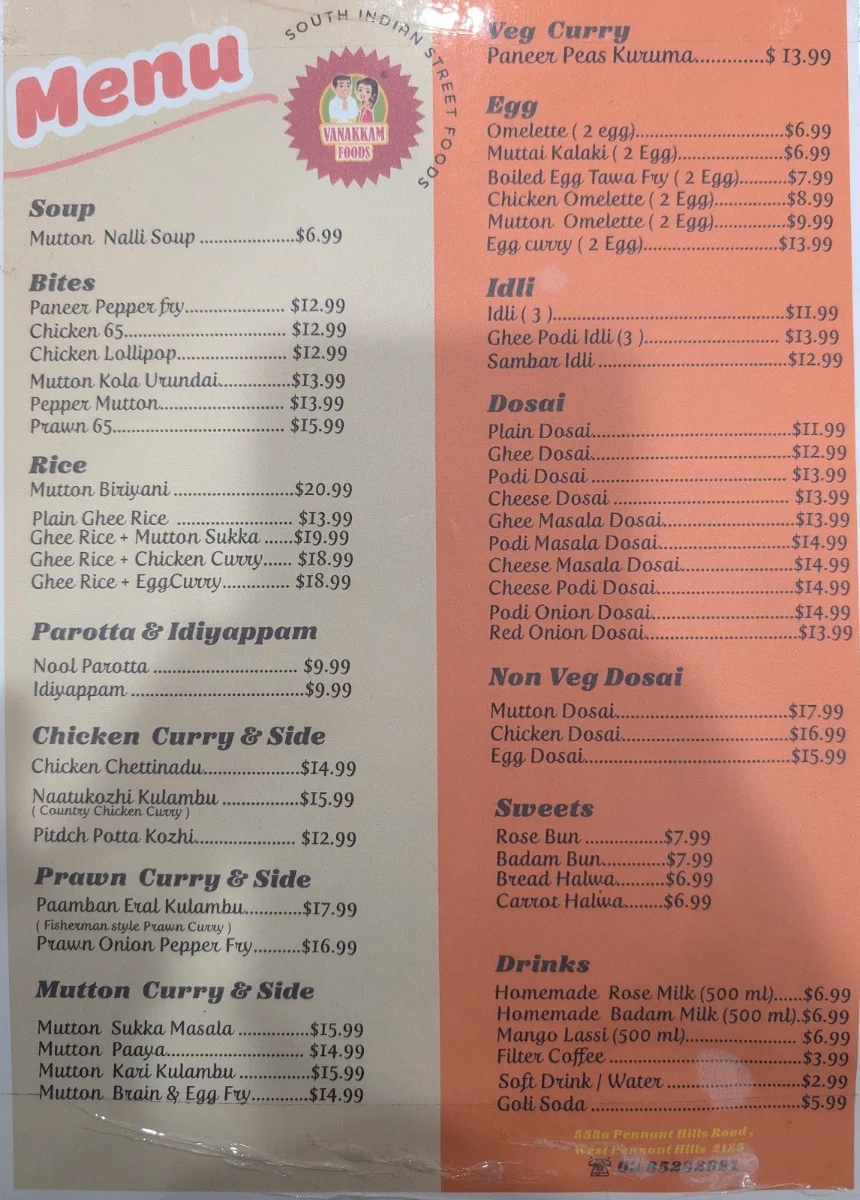 Menu, Vanakkam Foods