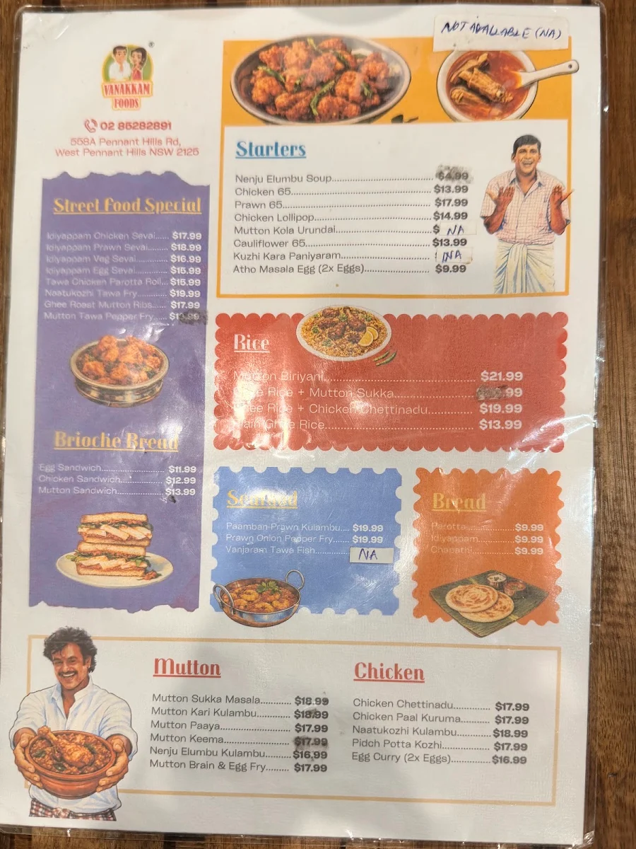 Menu, Vanakkam Foods
