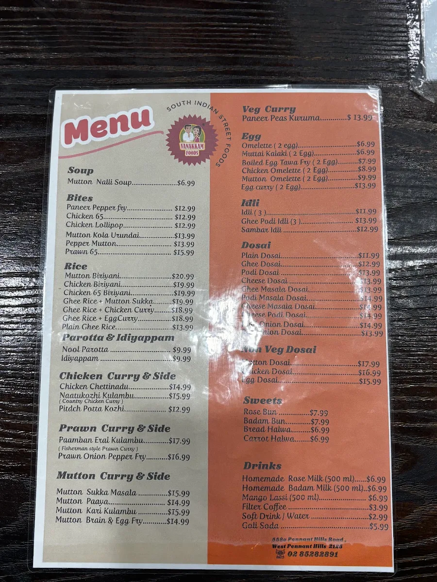 Menu, Vanakkam Foods