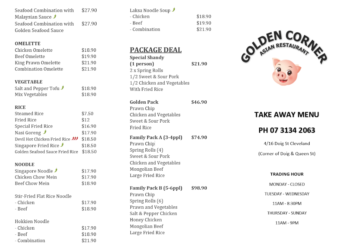 Menu, Golden Corner Asian Restaurant