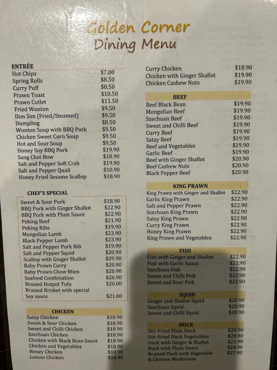 Menu, Golden Corner Asian Restaurant