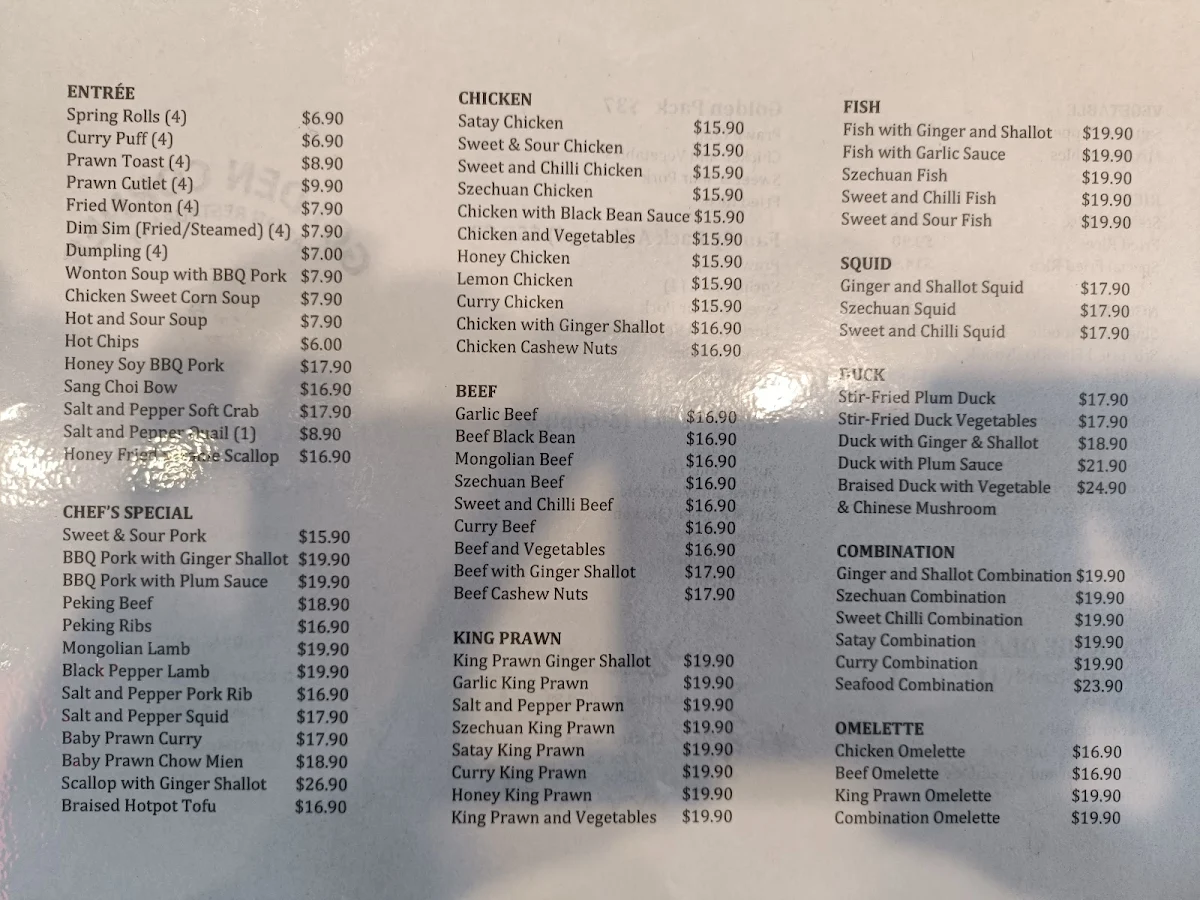 Menu, Golden Corner Asian Restaurant