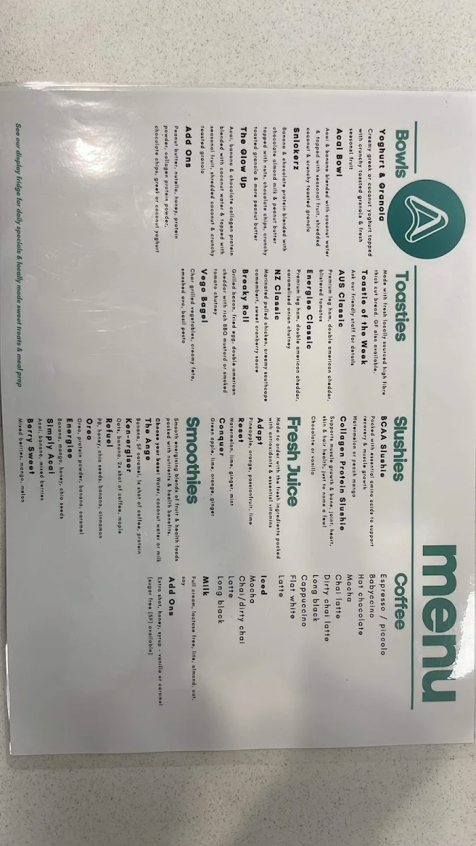 Menu, ARC ENERGISE CAFE
