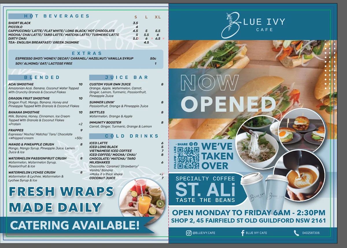 Menu, Blue Ivy Cafe Old Guildford