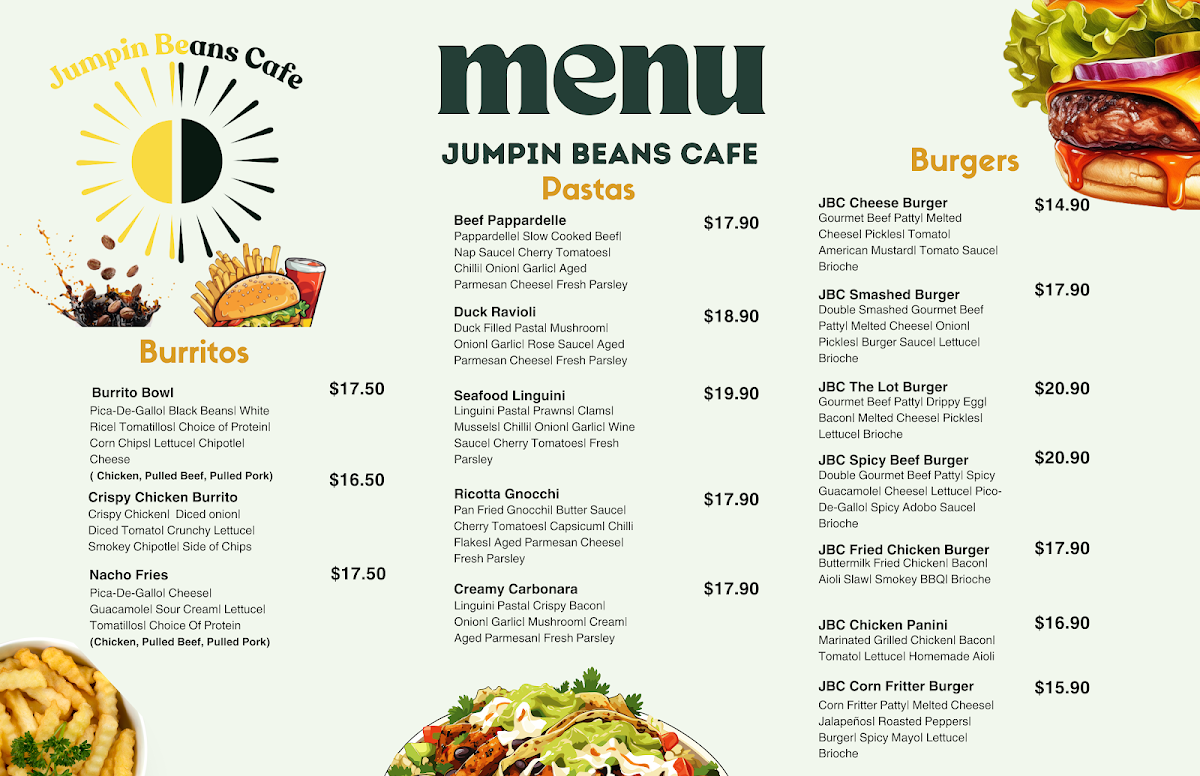 Menu, Jumpin Beans Cafe, Welshpool