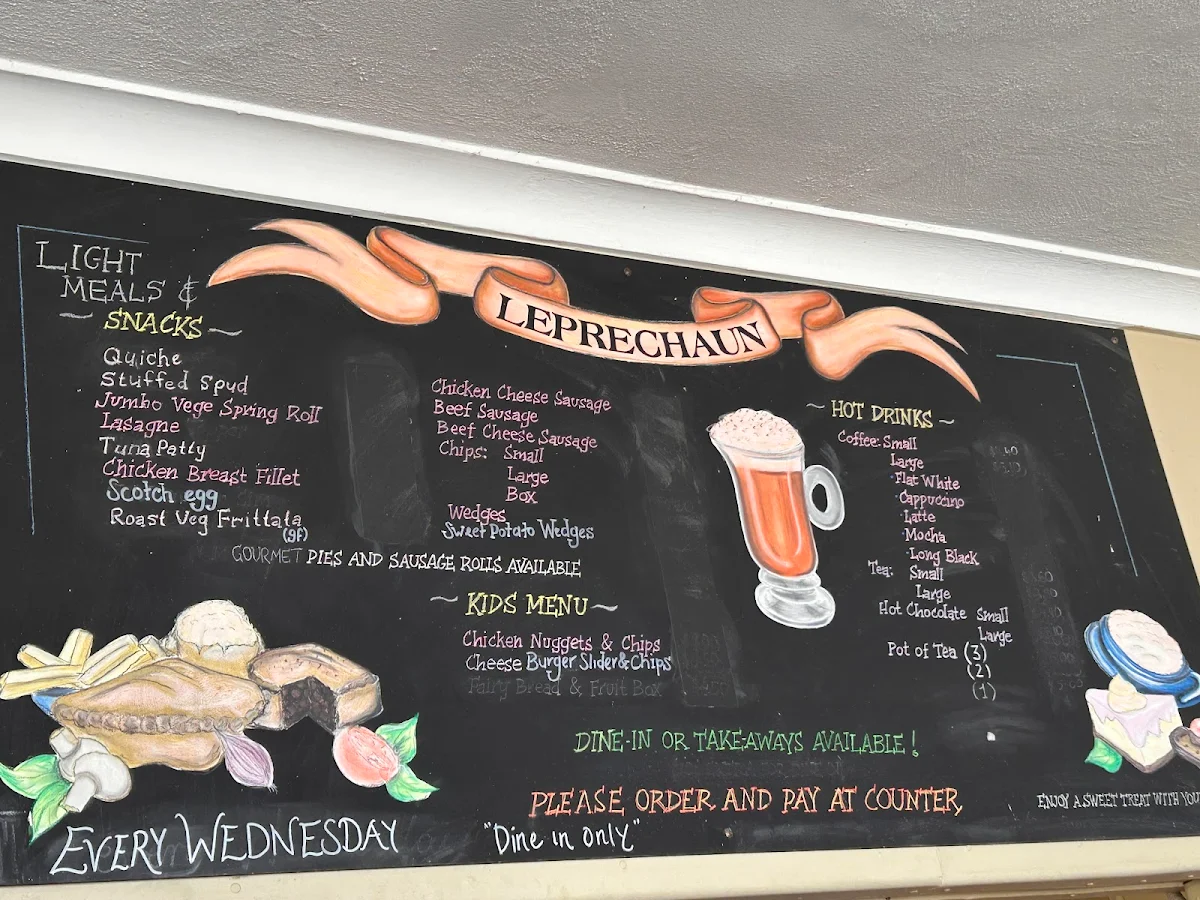 Menu, The Leprechaun Cafe and Takeaway
