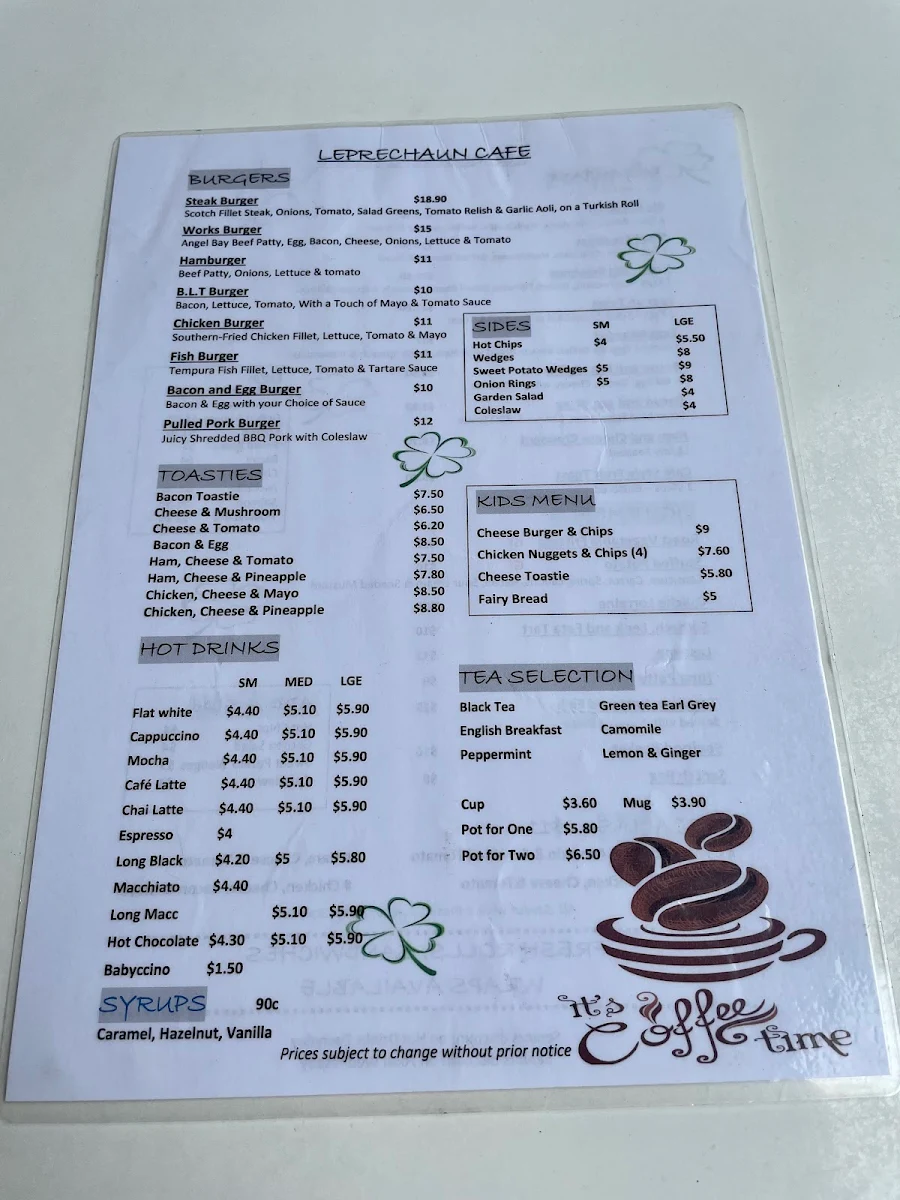 Menu, The Leprechaun Cafe and Takeaway