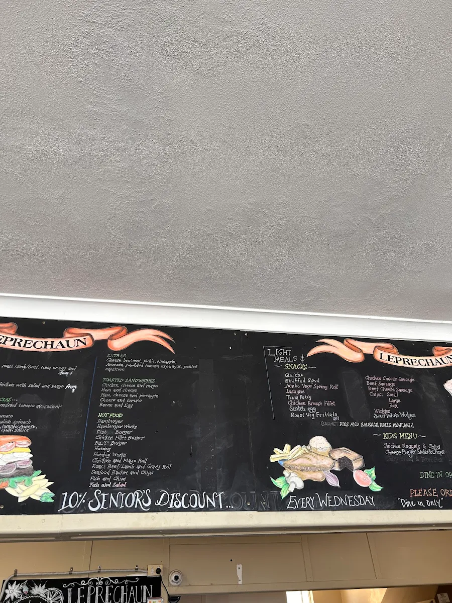 Menu, The Leprechaun Cafe and Takeaway