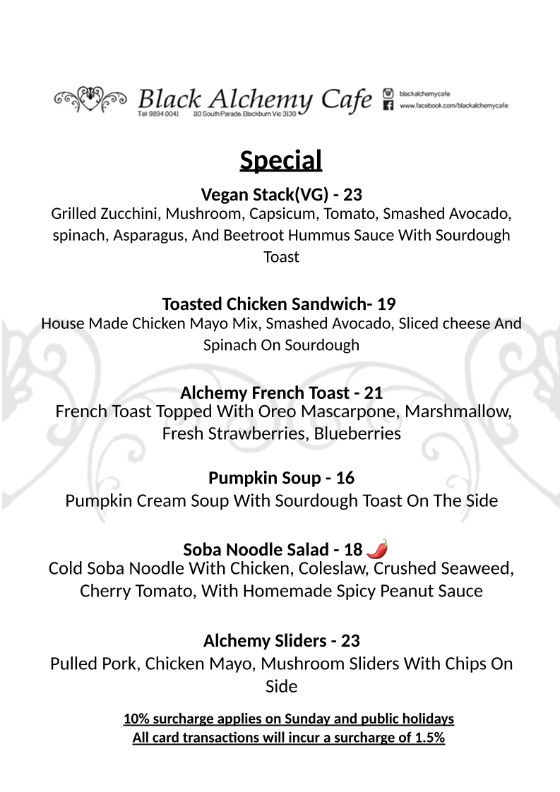 Menu, Black Alchemy Cafe