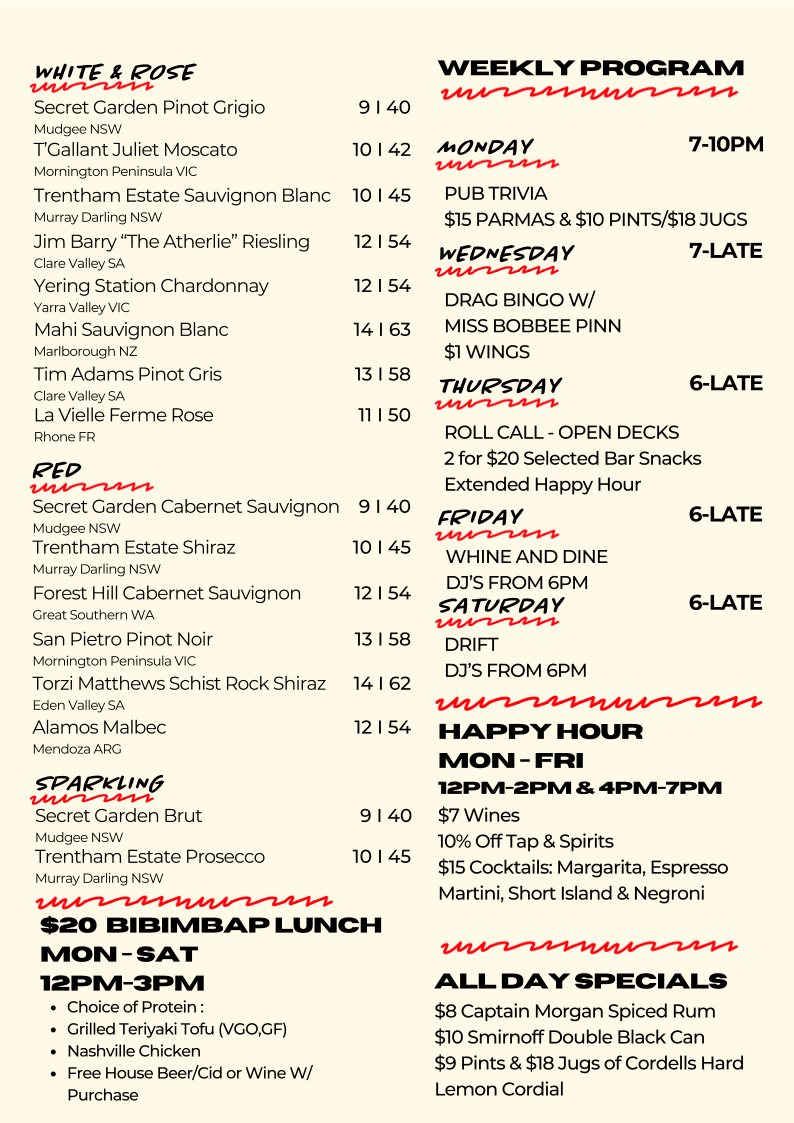 Menu, The Joint Bar