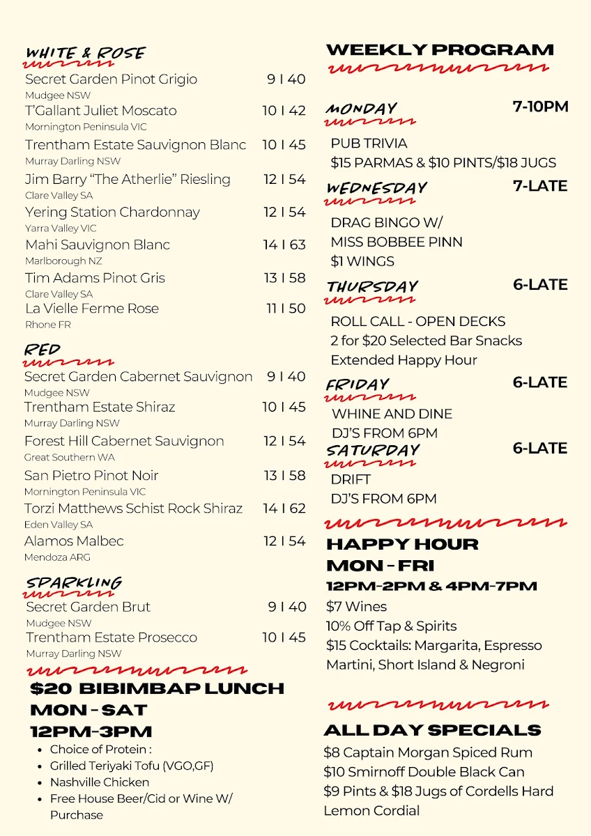 Menu, The Joint Bar