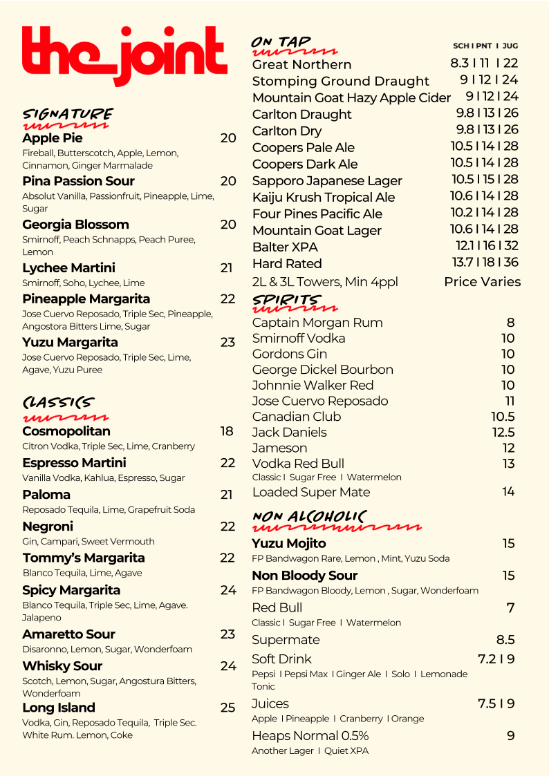 Menu, The Joint Bar