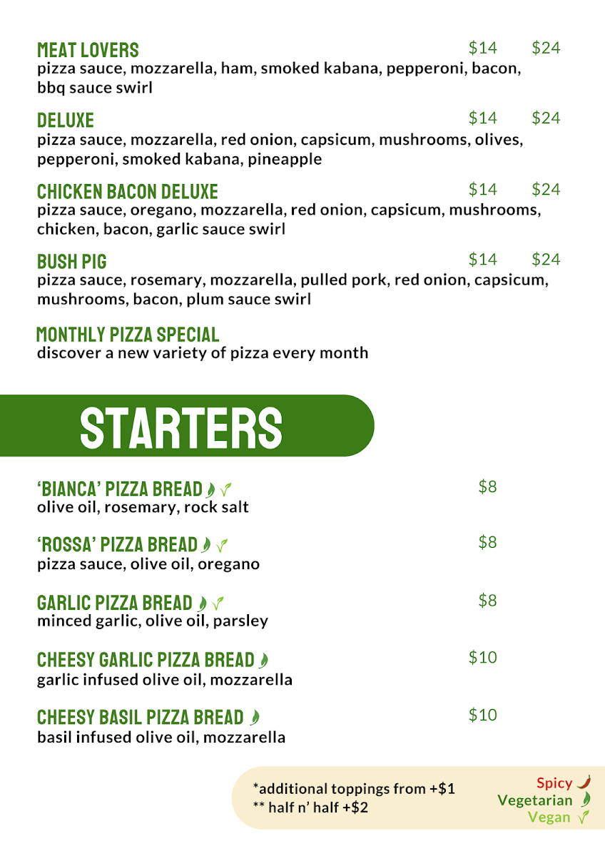 Menu, Fresh Pizza Broken Hill