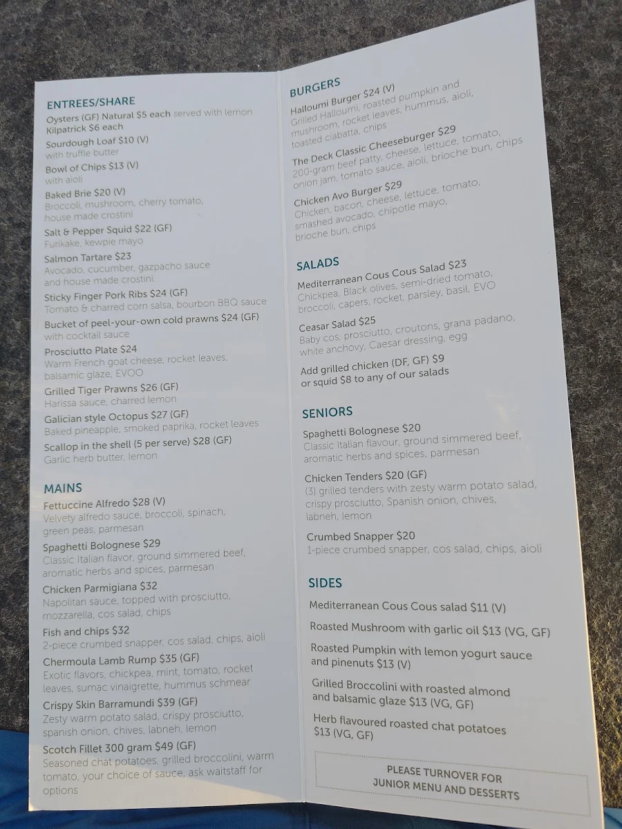 Menu, The Deck Busselton