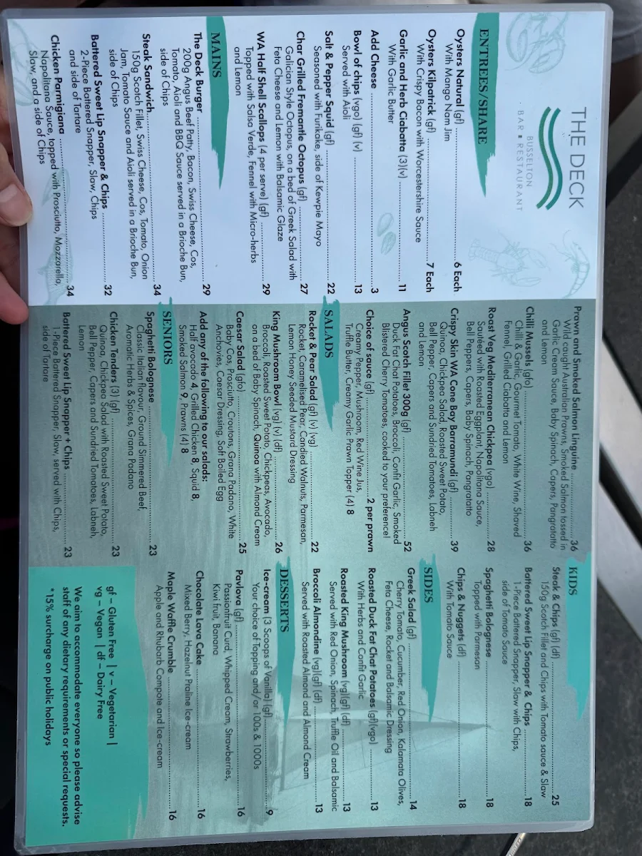 Menu, The Deck Busselton