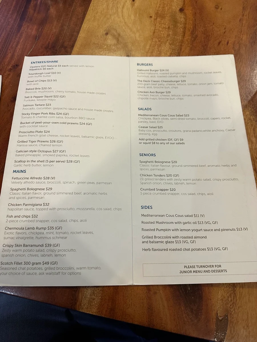 Menu, The Deck Busselton