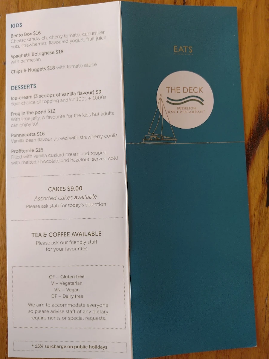 Menu, The Deck Busselton