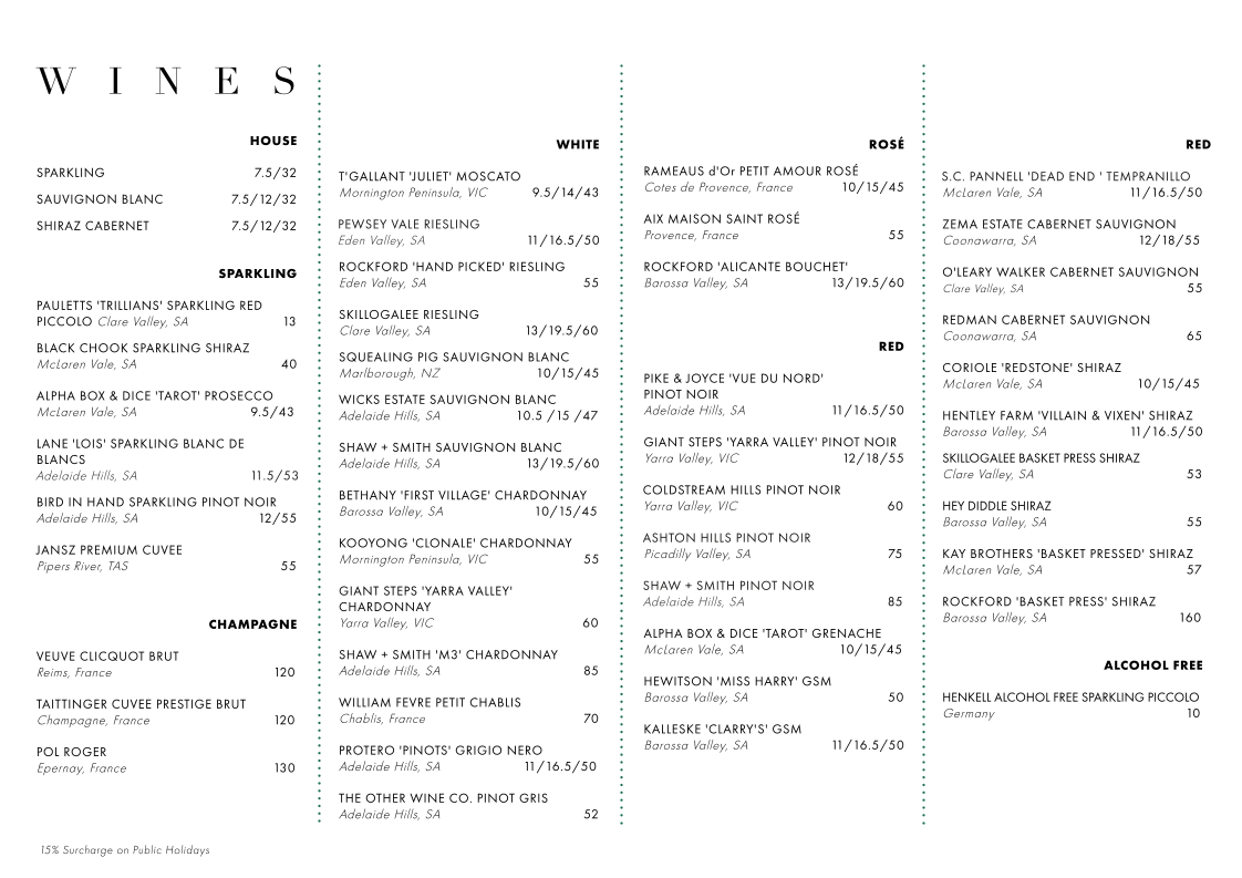 Menu, Hyde Park Tavern