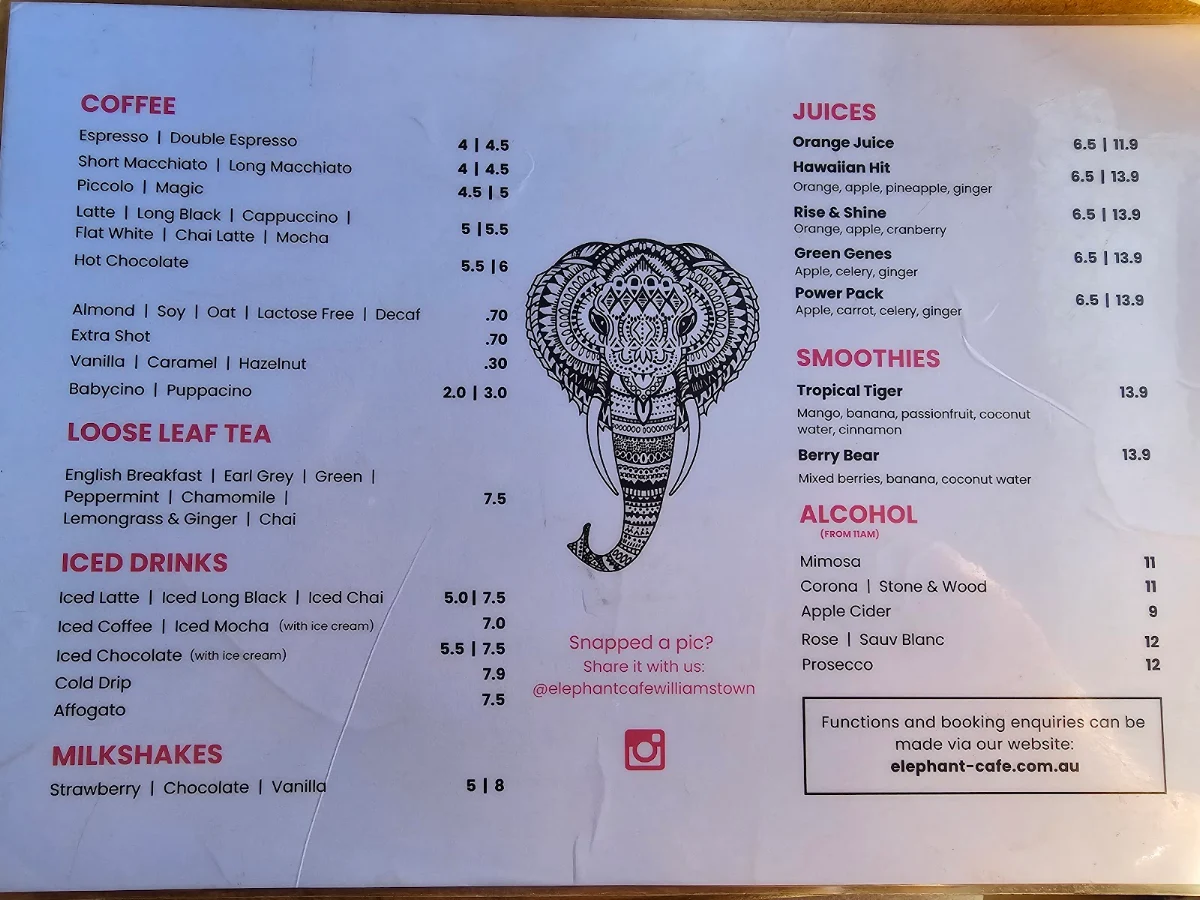 Menu, Elephant Cafe | Williamstown