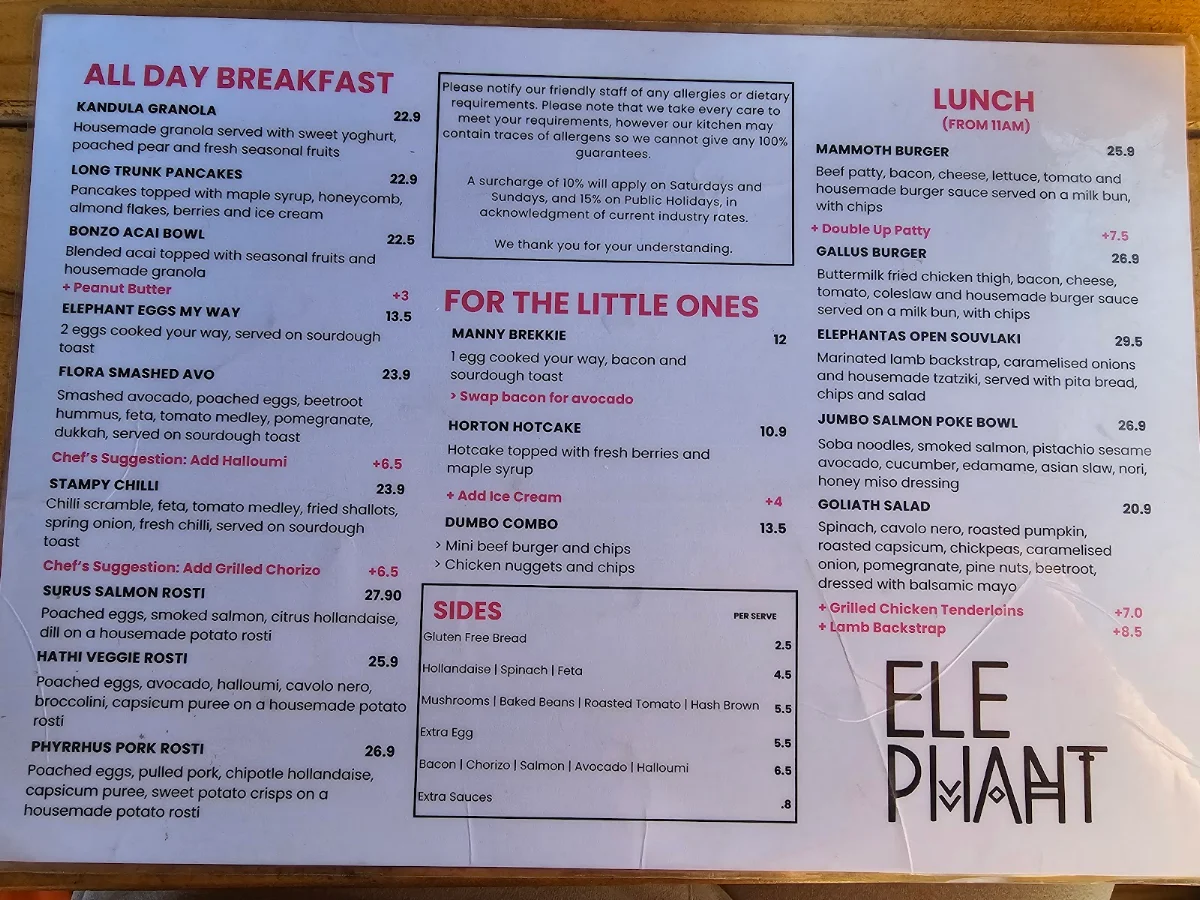 Menu, Elephant Cafe | Williamstown