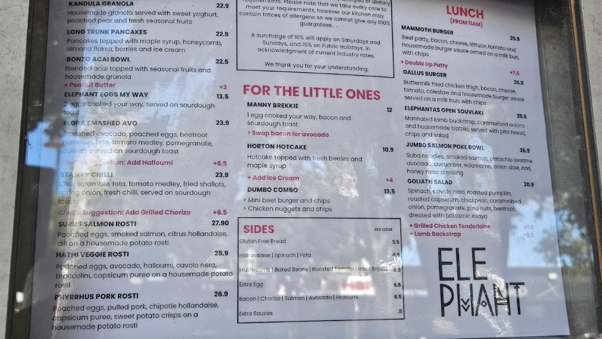Menu, Elephant Cafe | Williamstown