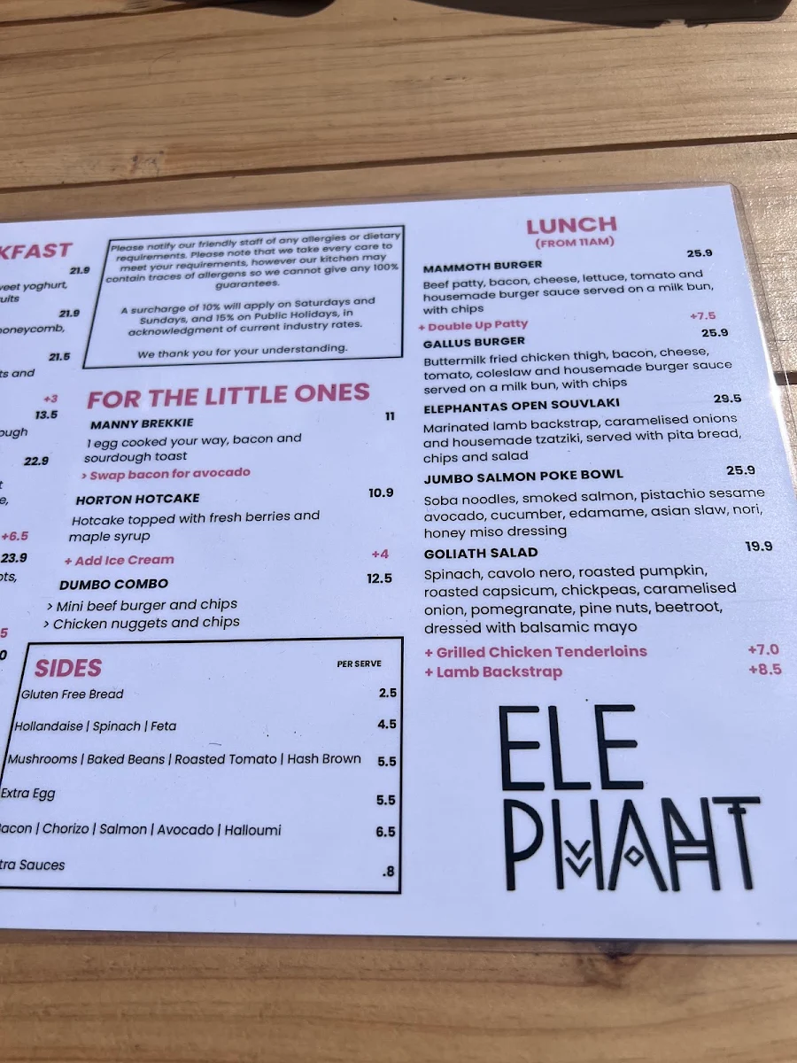 Menu, Elephant Cafe | Williamstown