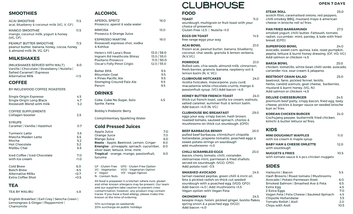 Menu, Clubhouse Malvern Cafe & Restaurant