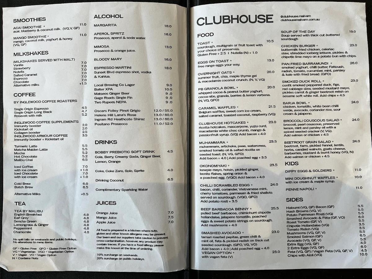 Menu, Clubhouse Malvern Cafe & Restaurant