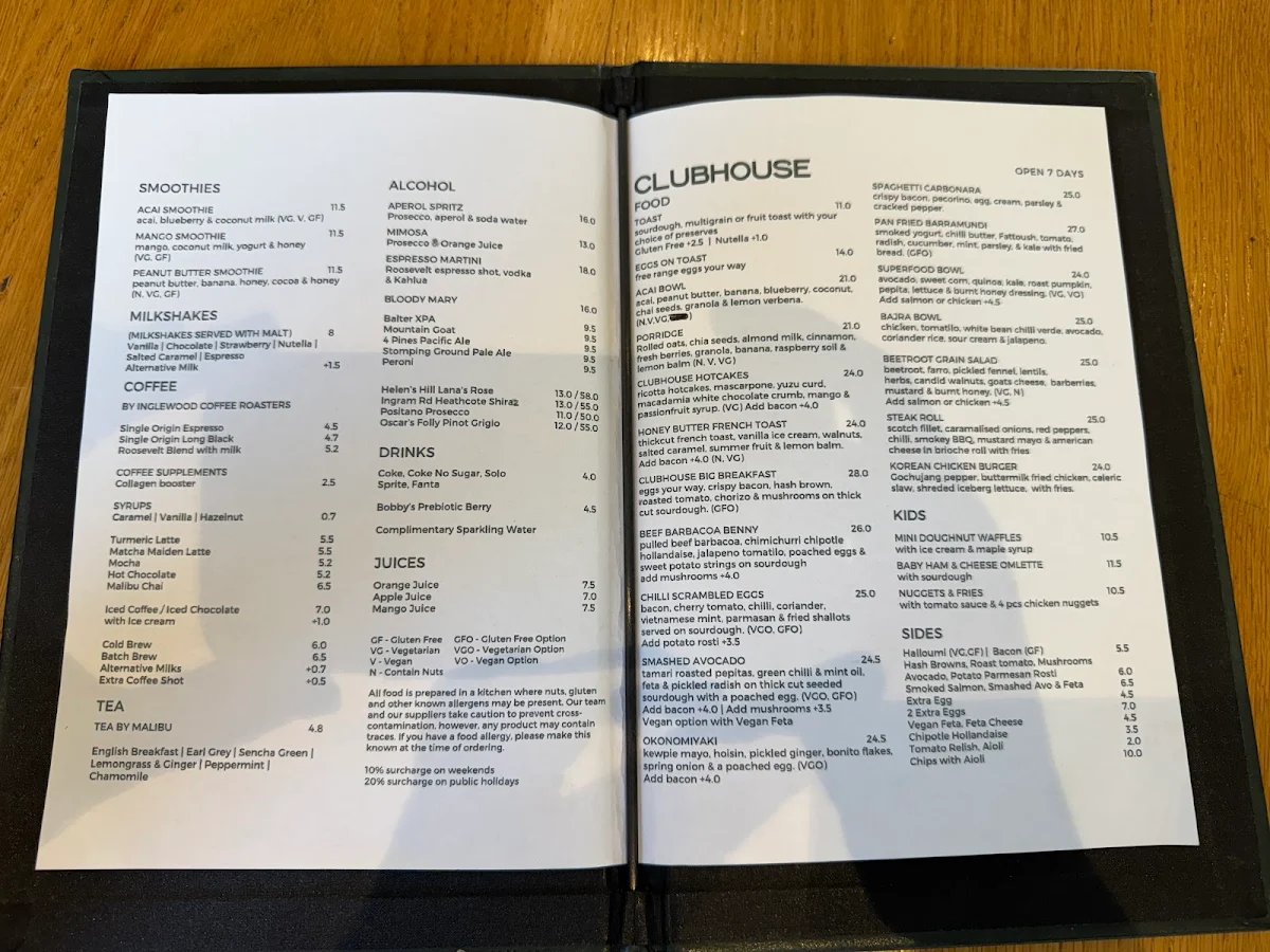 Menu, Clubhouse Malvern Cafe & Restaurant
