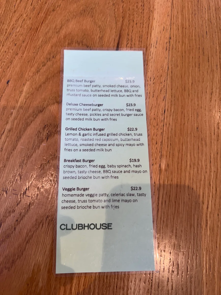 Menu, Clubhouse Malvern Cafe & Restaurant