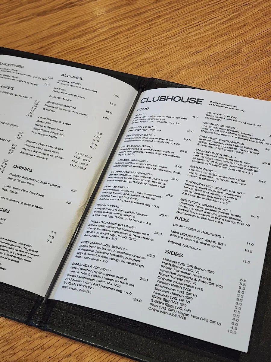 Menu, Clubhouse Malvern Cafe & Restaurant