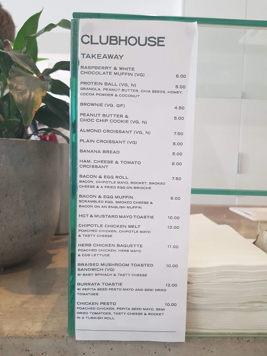 Menu, Clubhouse Malvern Cafe & Restaurant