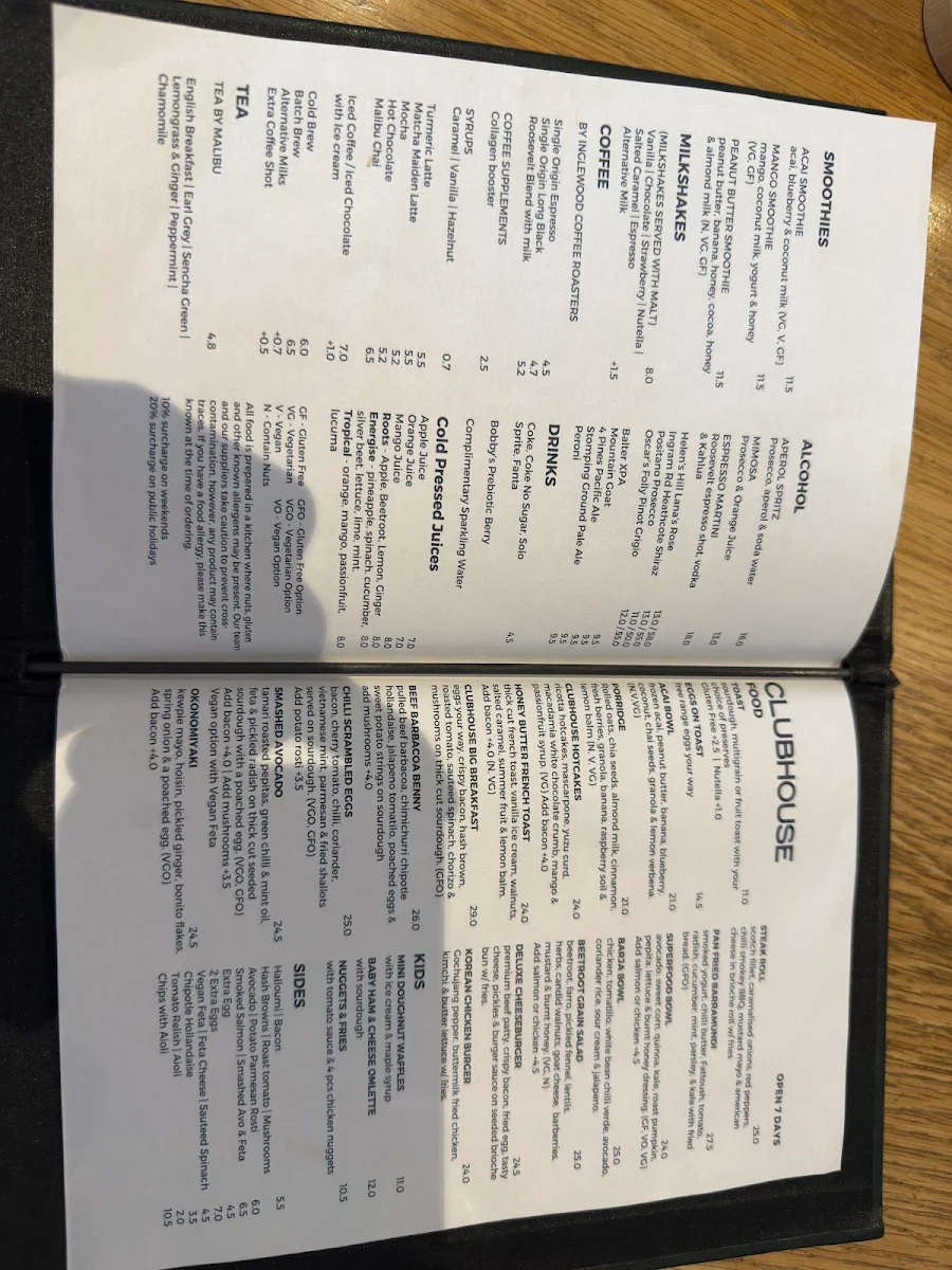 Menu, Clubhouse Malvern Cafe & Restaurant
