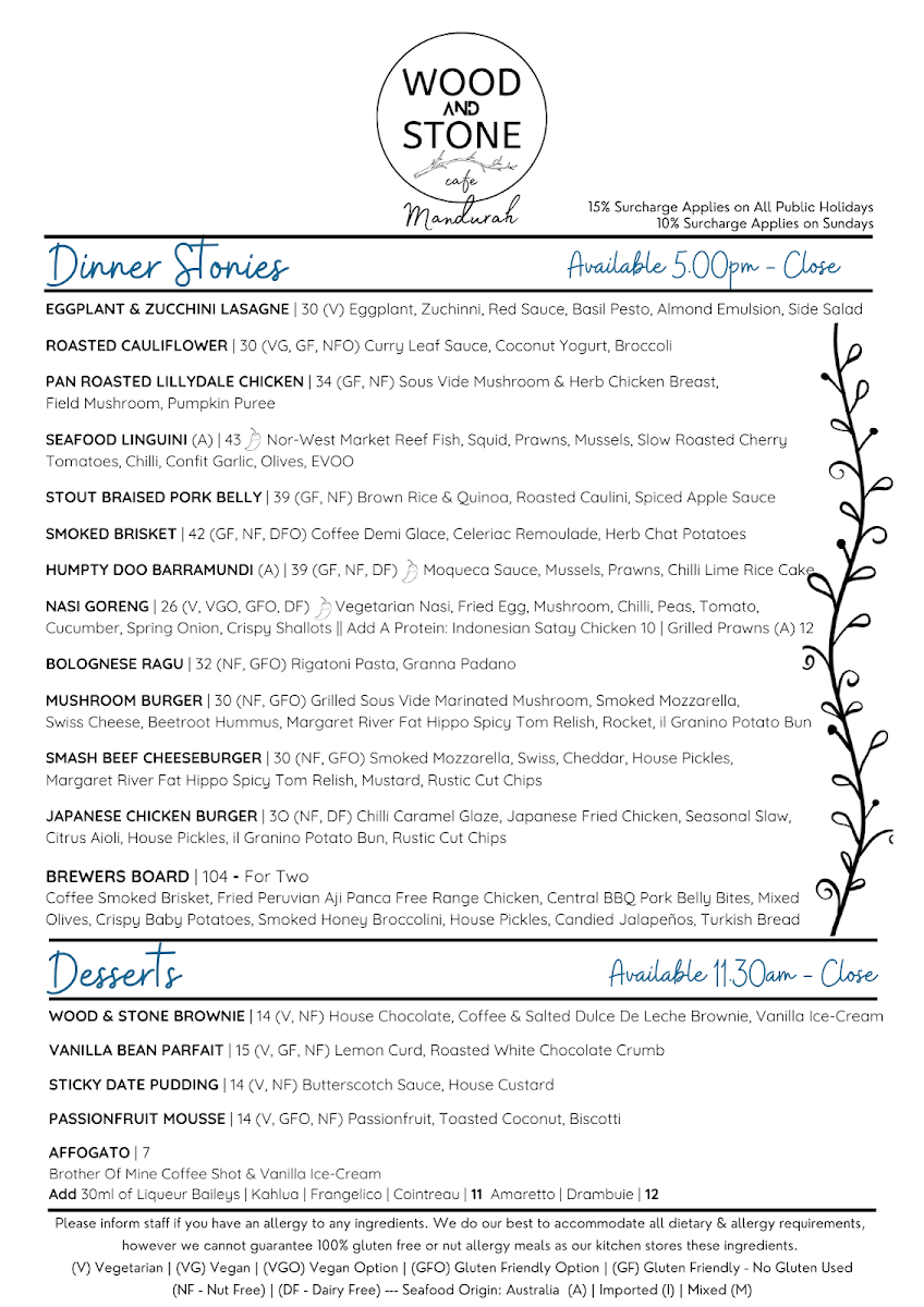 Menu, Wood and Stone Café