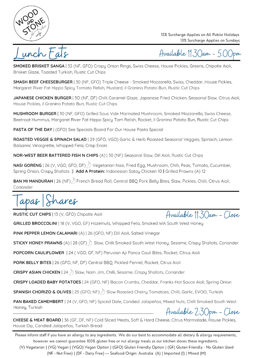 Menu, Wood and Stone Café