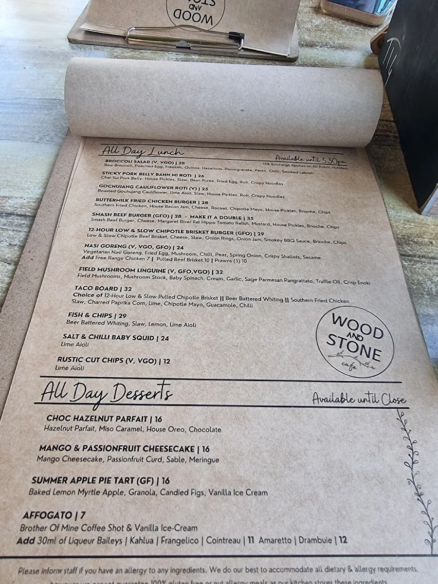 Menu, Wood and Stone Café