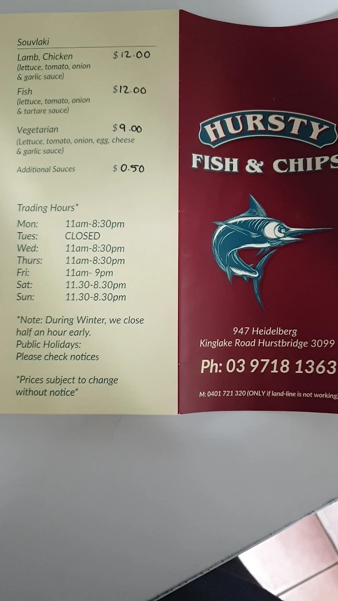Menu, Hursty Fish and Chips
