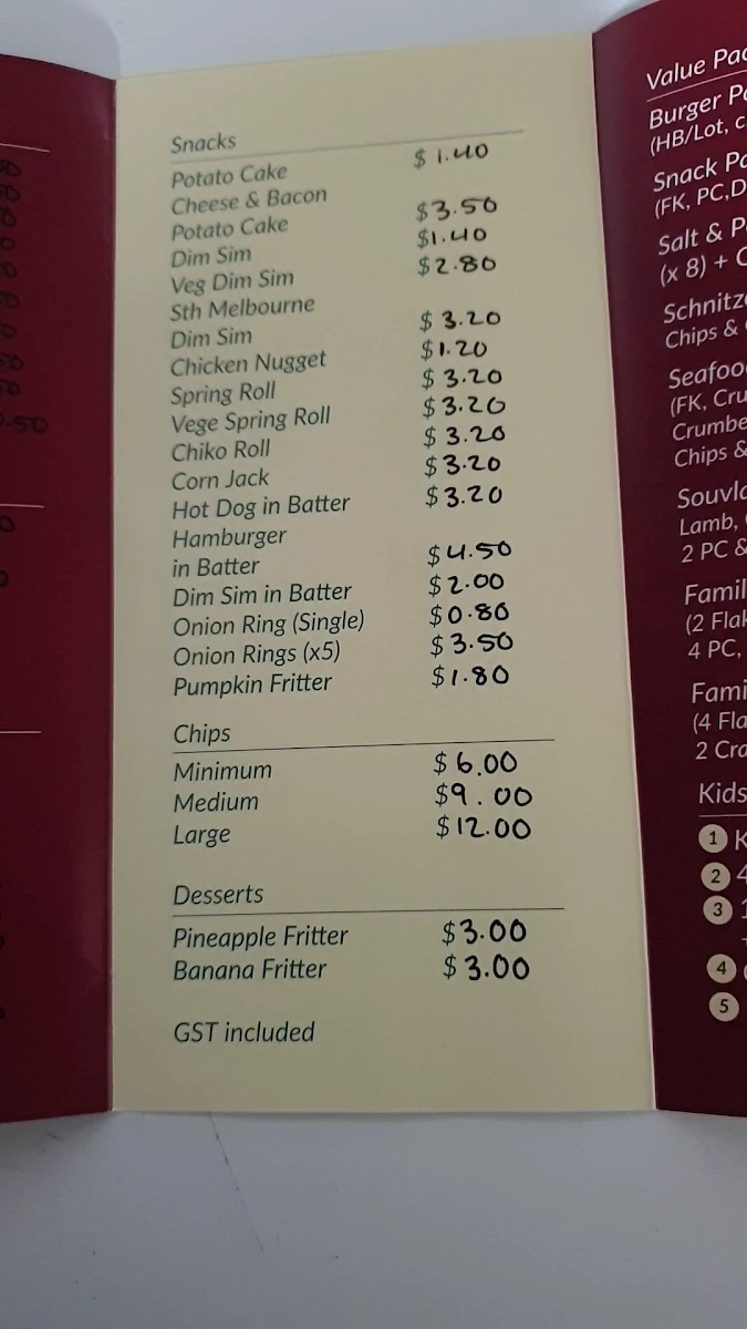 Menu, Hursty Fish and Chips