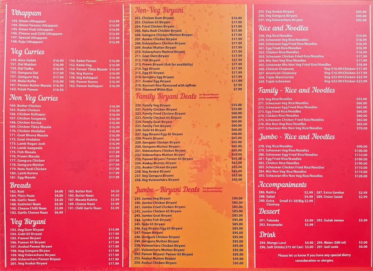 Menu, Amaravathi Indian Restaurant Wentworthville