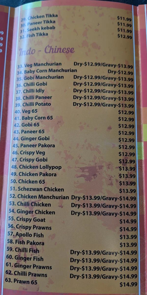 Menu, Amaravathi Indian Restaurant Wentworthville