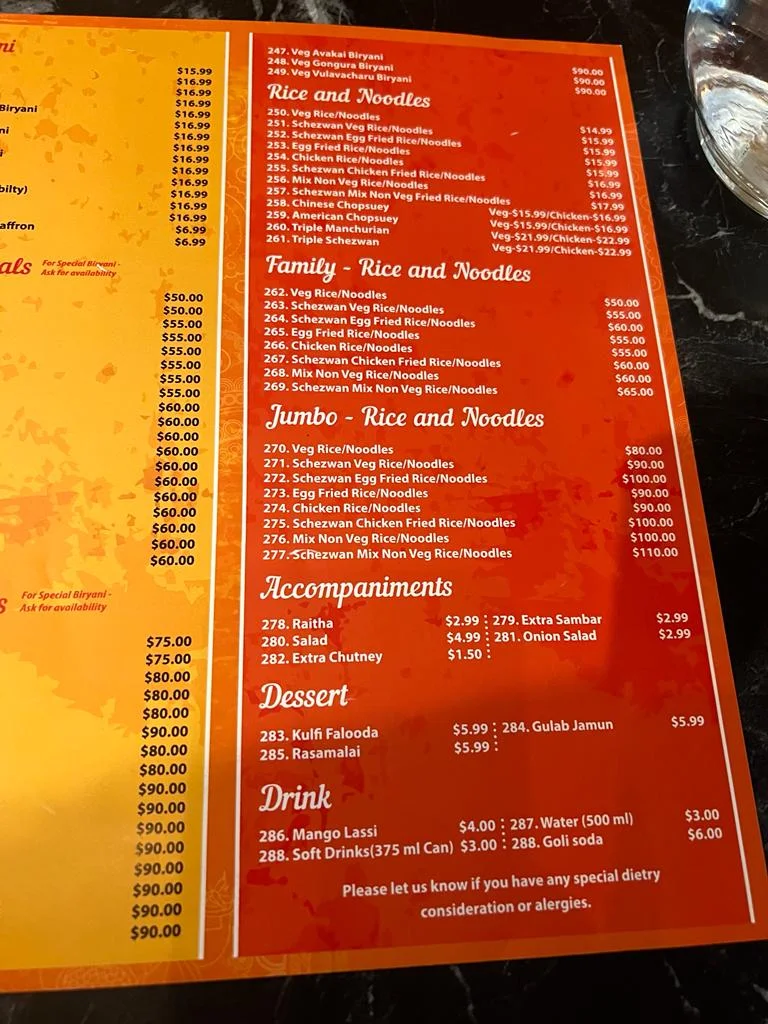 Menu, Amaravathi Indian Restaurant Wentworthville