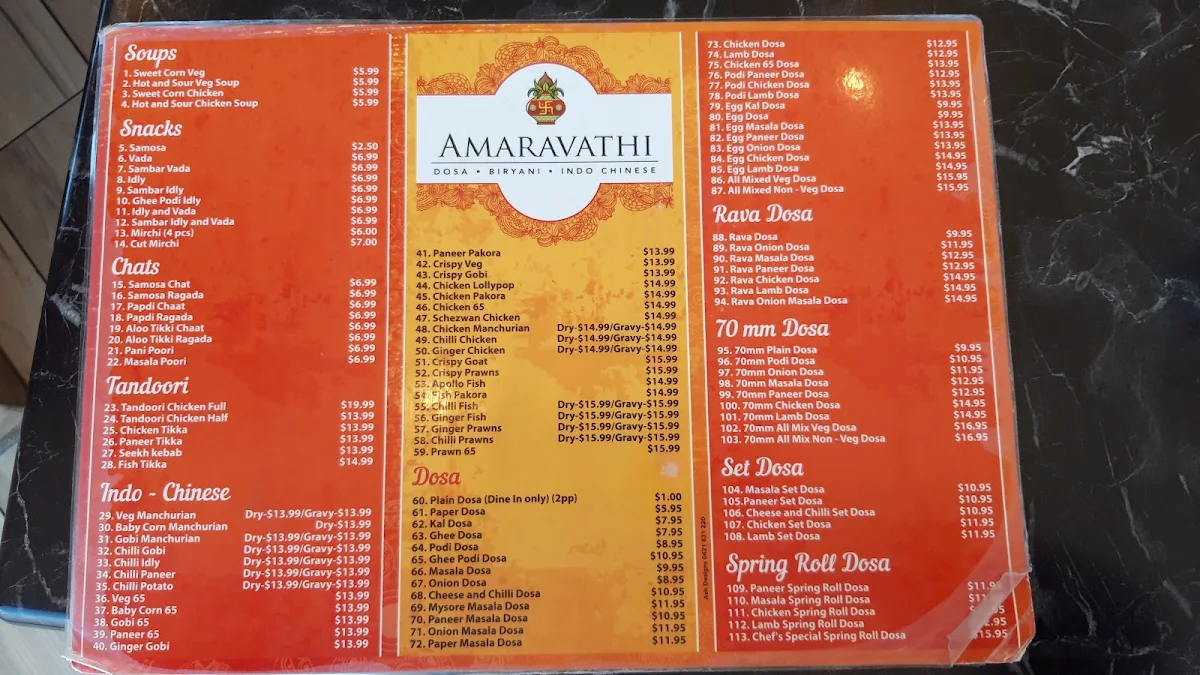 Menu, Amaravathi Indian Restaurant Wentworthville