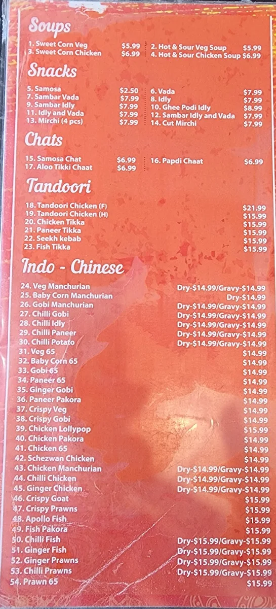 Menu, Amaravathi Indian Restaurant Wentworthville
