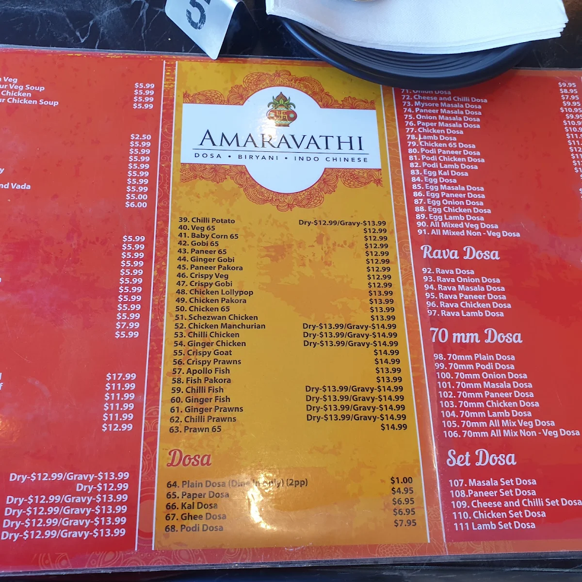 Menu, Amaravathi Indian Restaurant Wentworthville