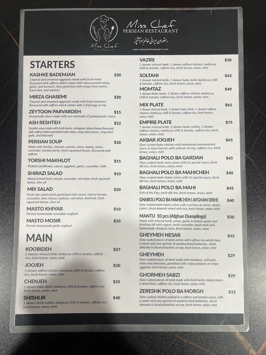 Menu, Miss Chef Persian Restaurant