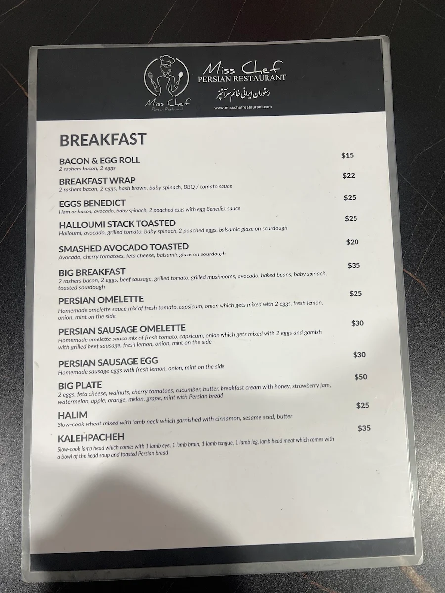Menu, Miss Chef Persian Restaurant