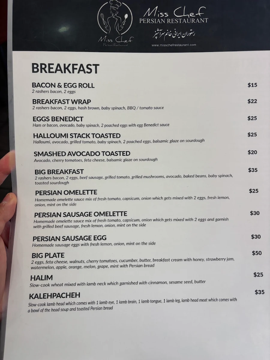 Menu, Miss Chef Persian Restaurant