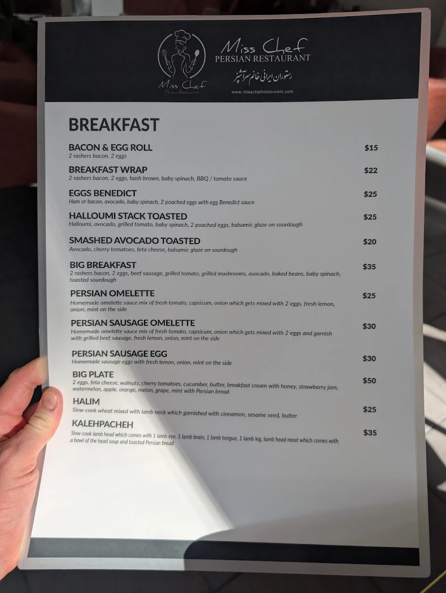 Menu, Miss Chef Persian Restaurant
