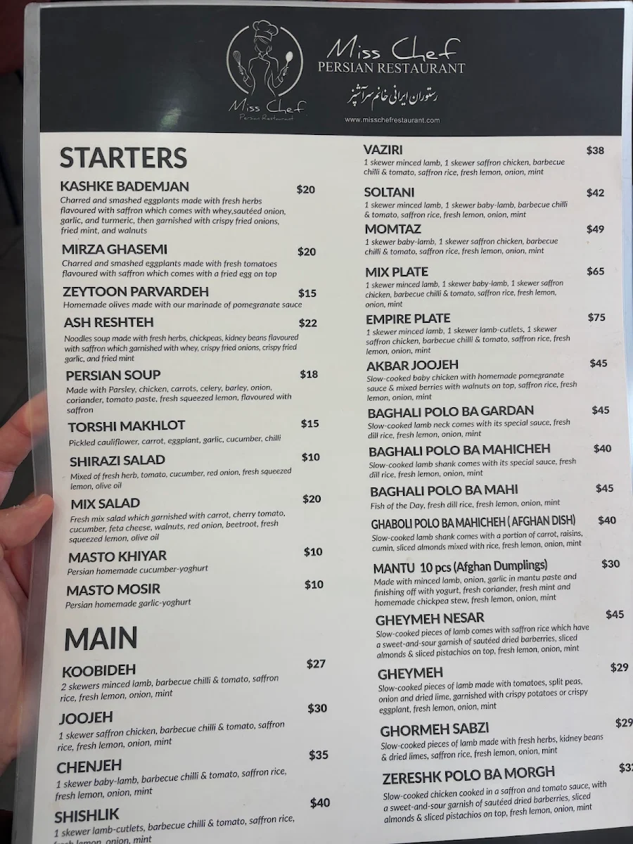 Menu, Miss Chef Persian Restaurant
